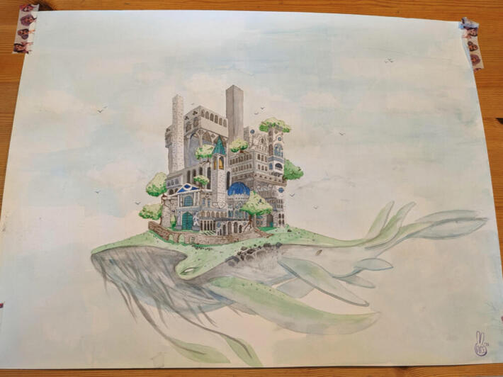 Watercolour painting of a whale with a city on it's back