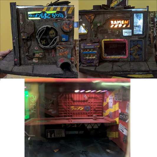 Cyberpunk shop made entirely of trash