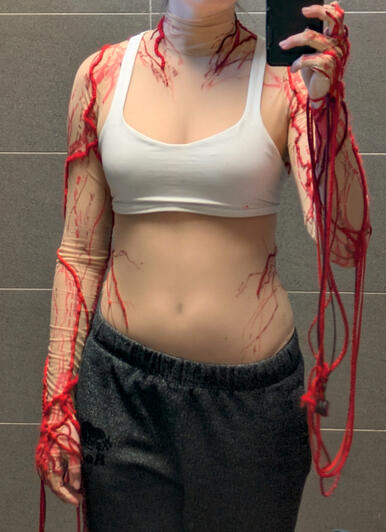 Custom bodysuit, hand embroidered, mapping my chronic pain, front